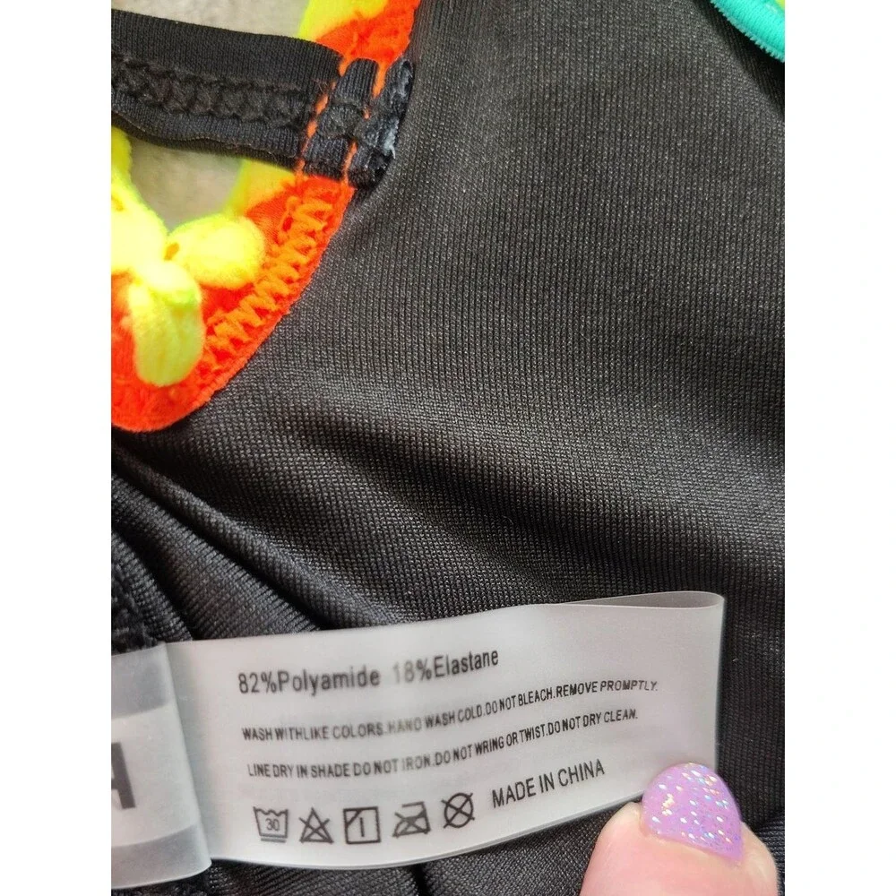 Popvil Black One Piece Tie Back Swimsuit with Multicolored Neon Trim Size XL New